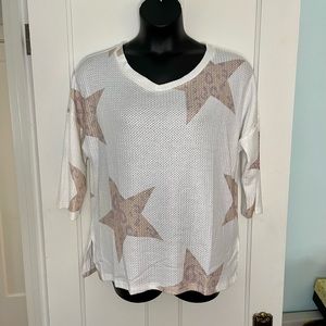 New Women’s Size Large Waffle Knit Top In Ivory White With Leopard Print Stars